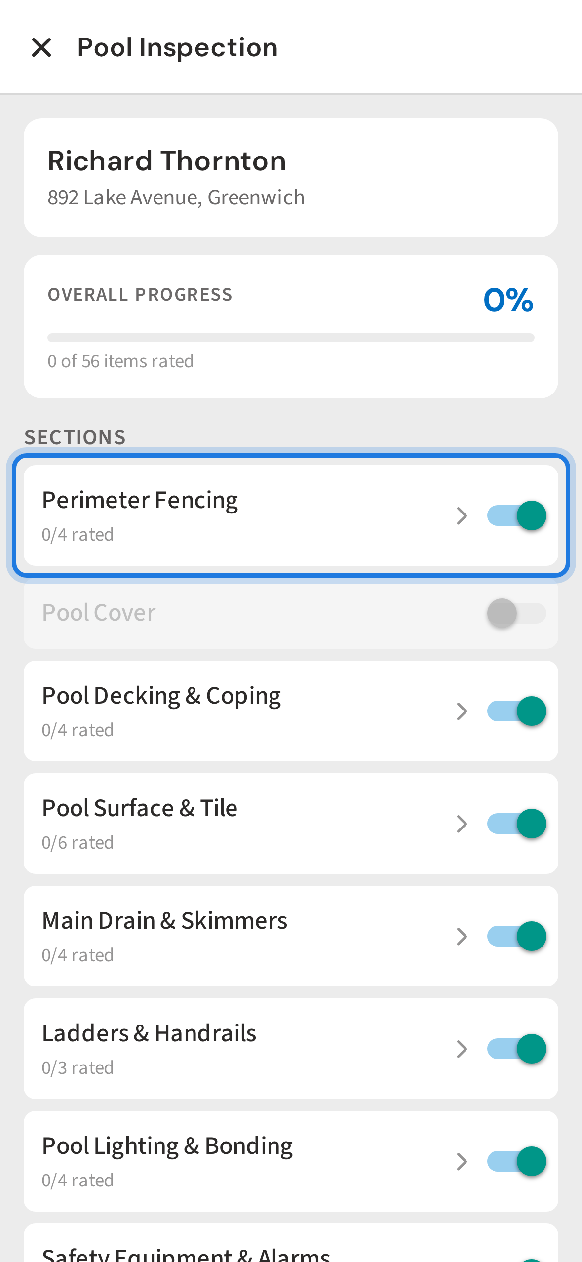 View the inspection overview and tap the first section