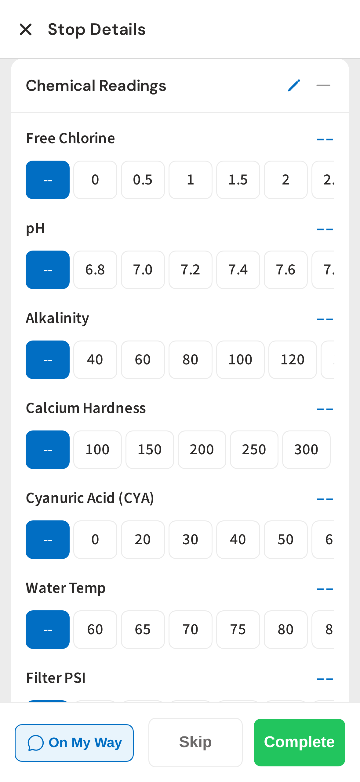 Chemical Readings — log your test results