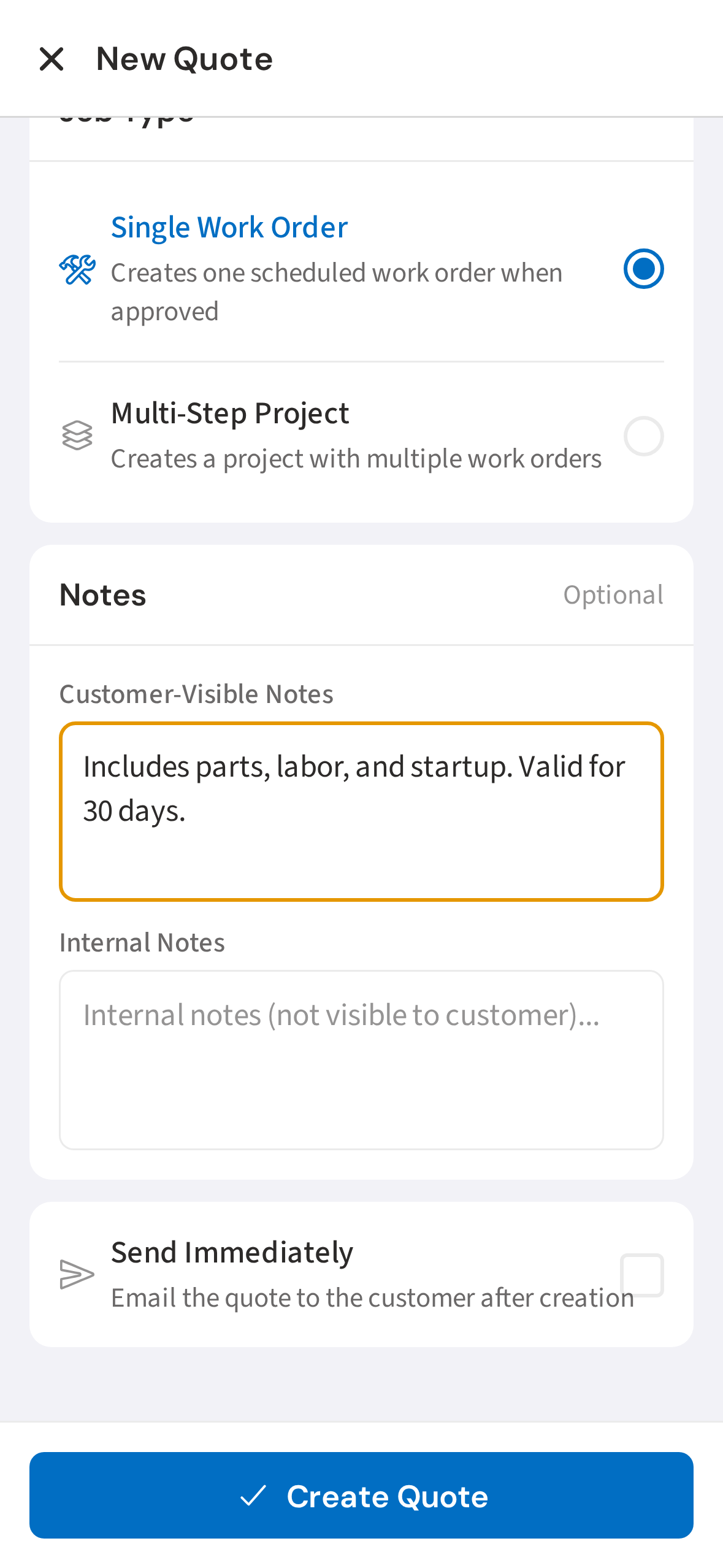 Tap Create Quote to save and send