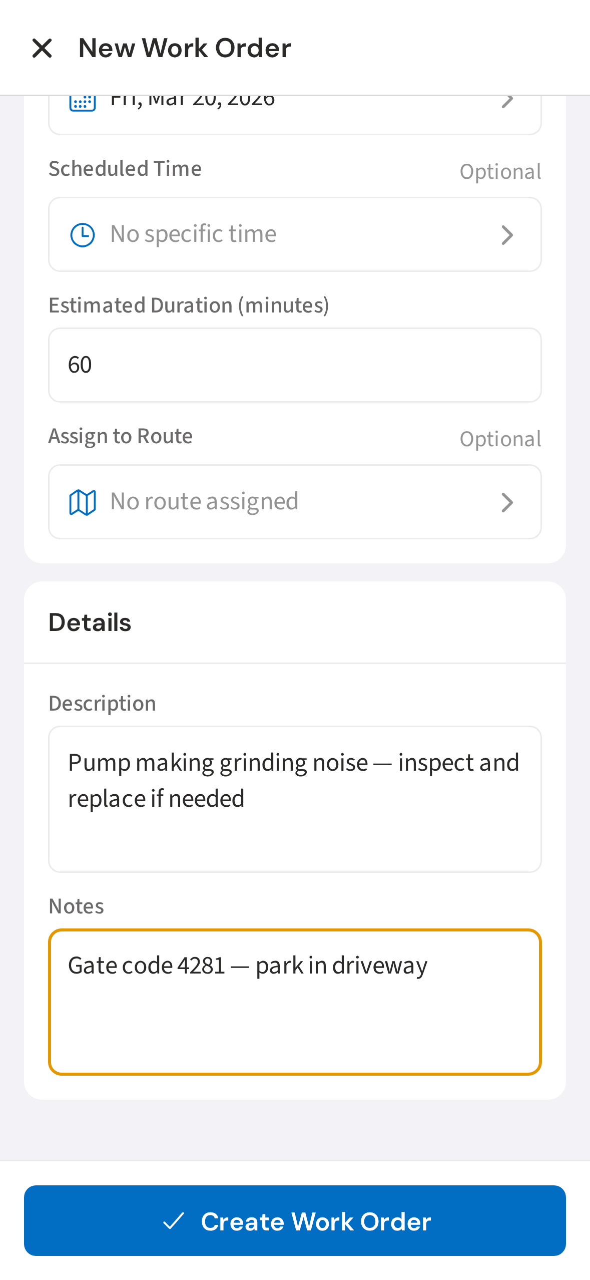 Tap Create Work Order to save