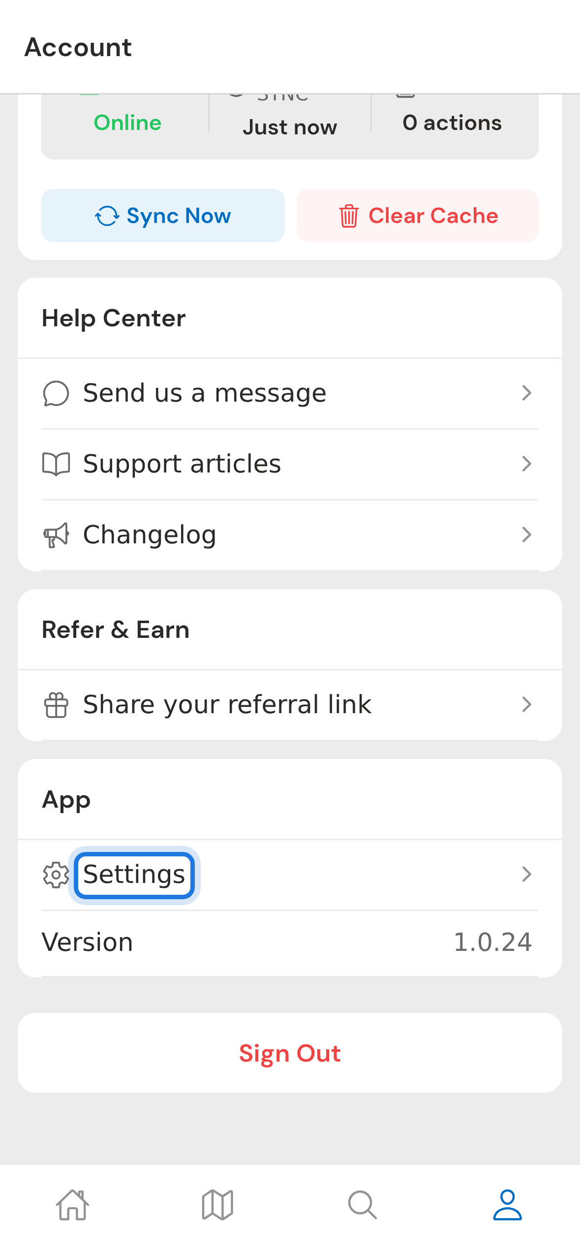 Open Settings from the Account tab