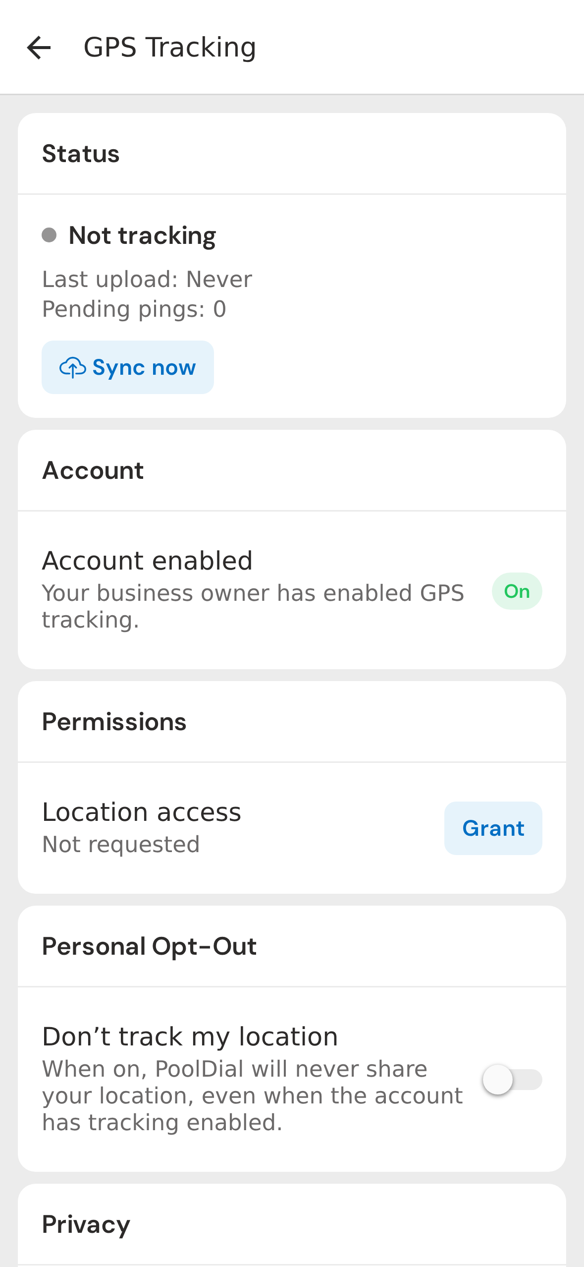 Tracking status section