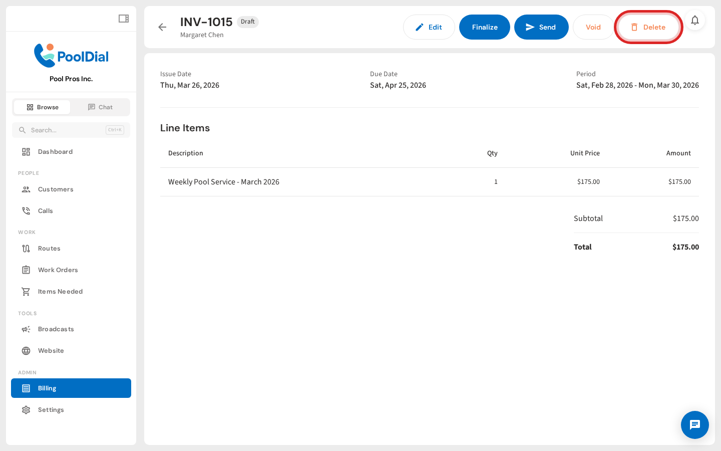 Click Delete to remove a draft invoice