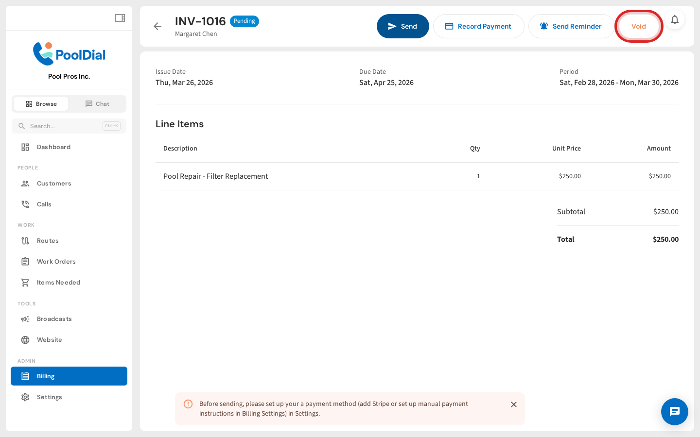 Click Void on a sent invoice