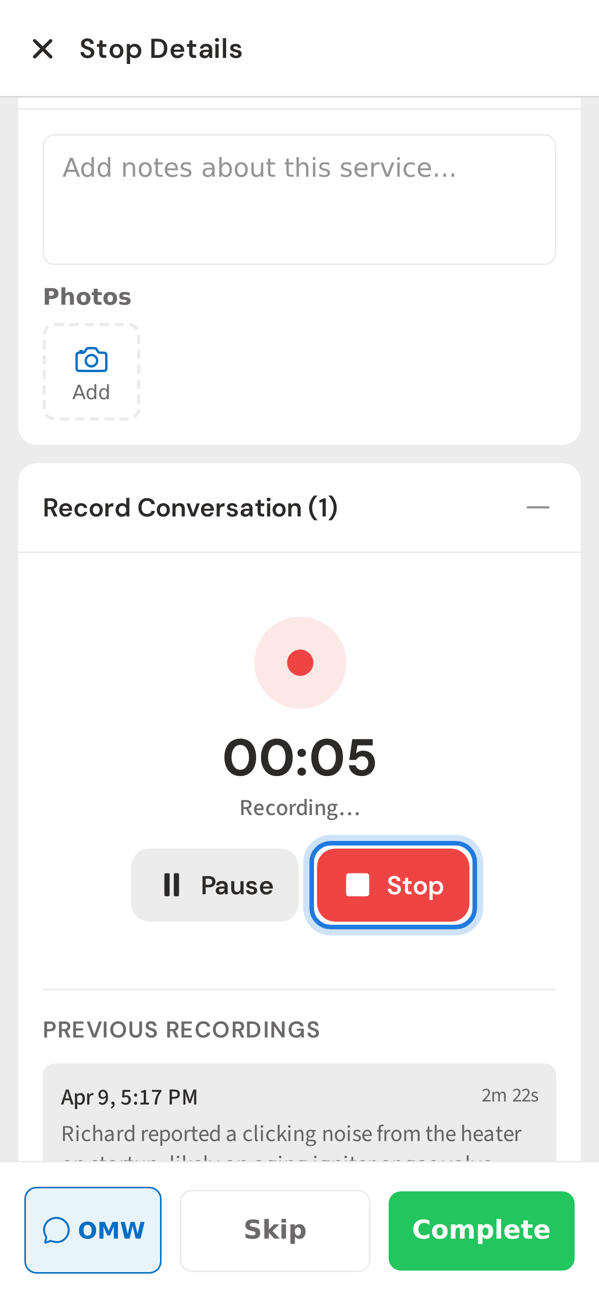 Recording in progress — tap Stop when done