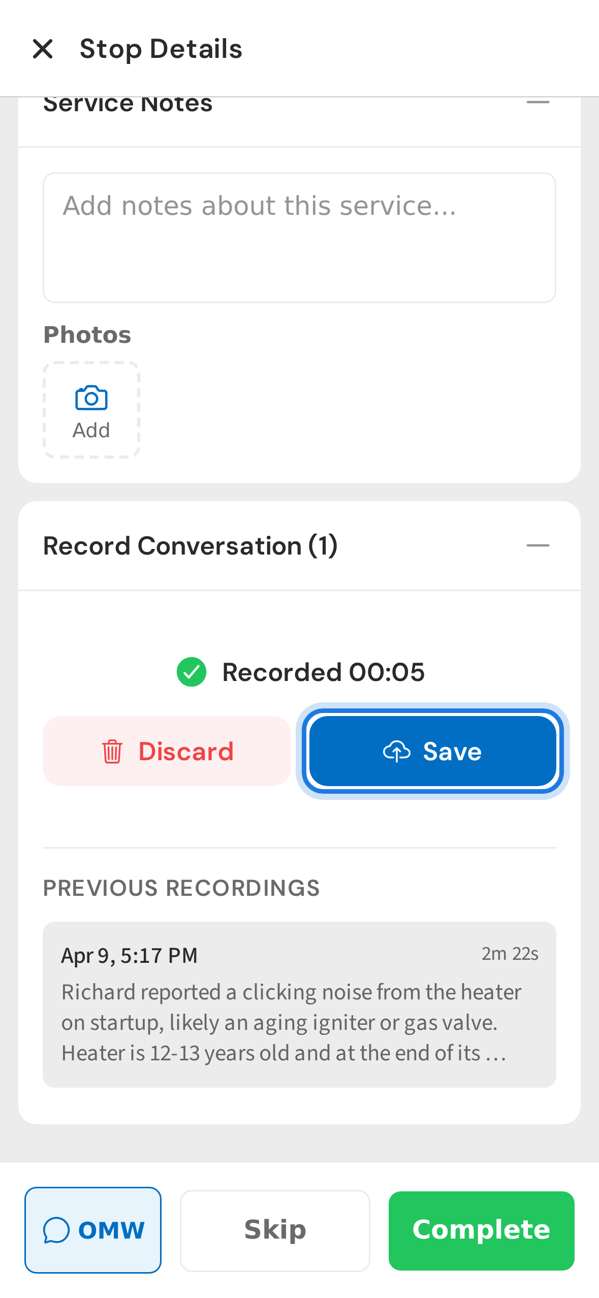 Recording preview — Save attaches it to this stop