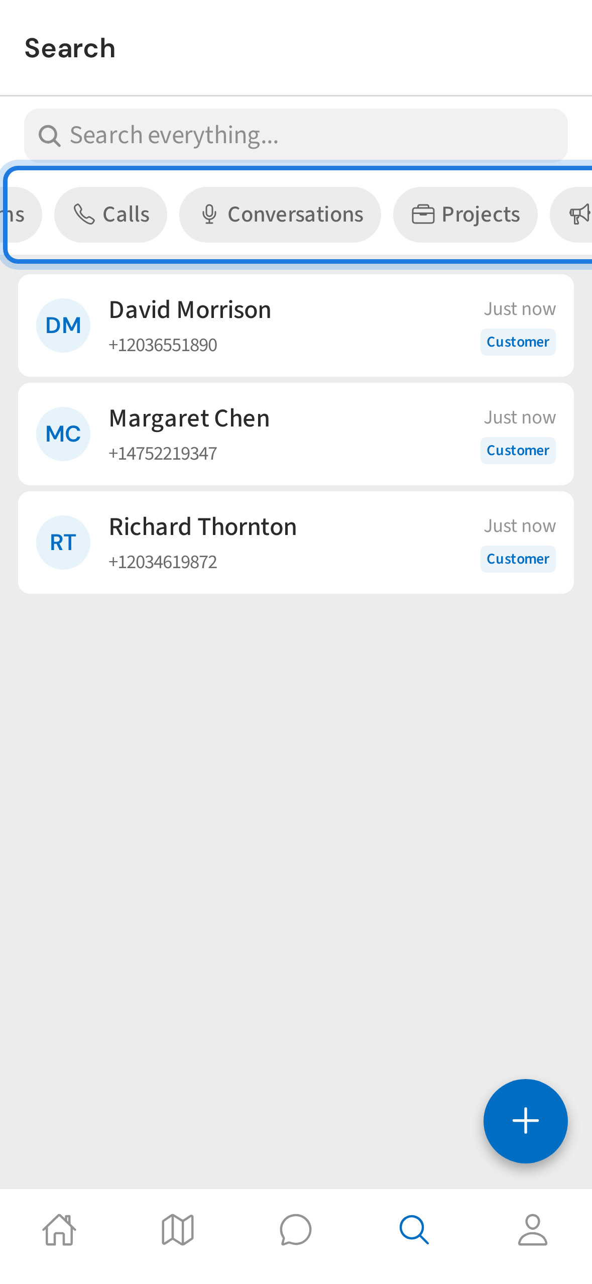 Search tab — tap the Conversations filter