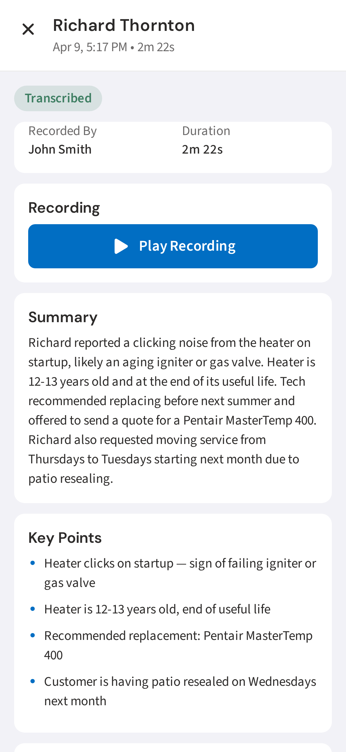 Conversation detail with summary, key points, and transcript