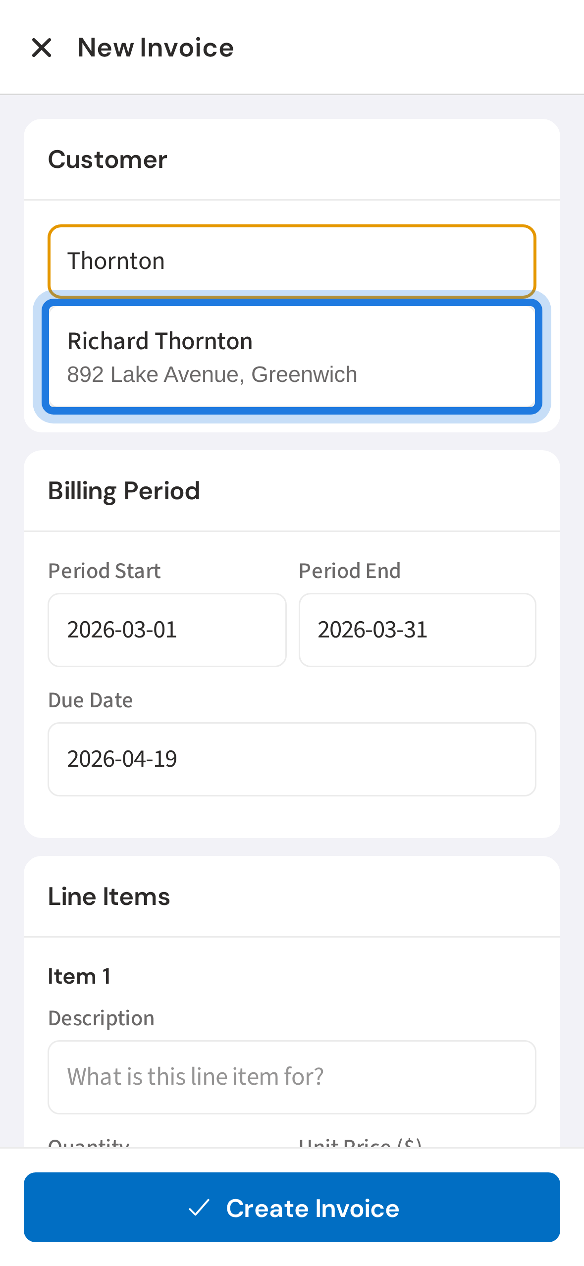 Search for a customer and tap to select