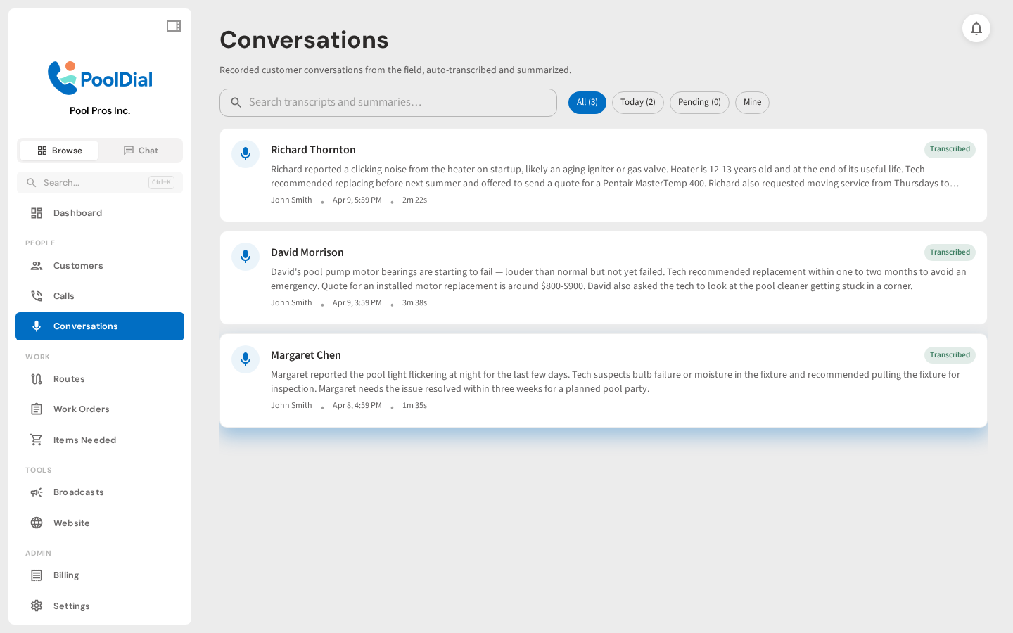 Conversations list page