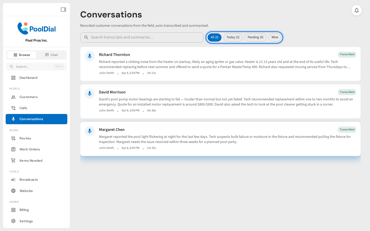 Filter chips on the Conversations page
