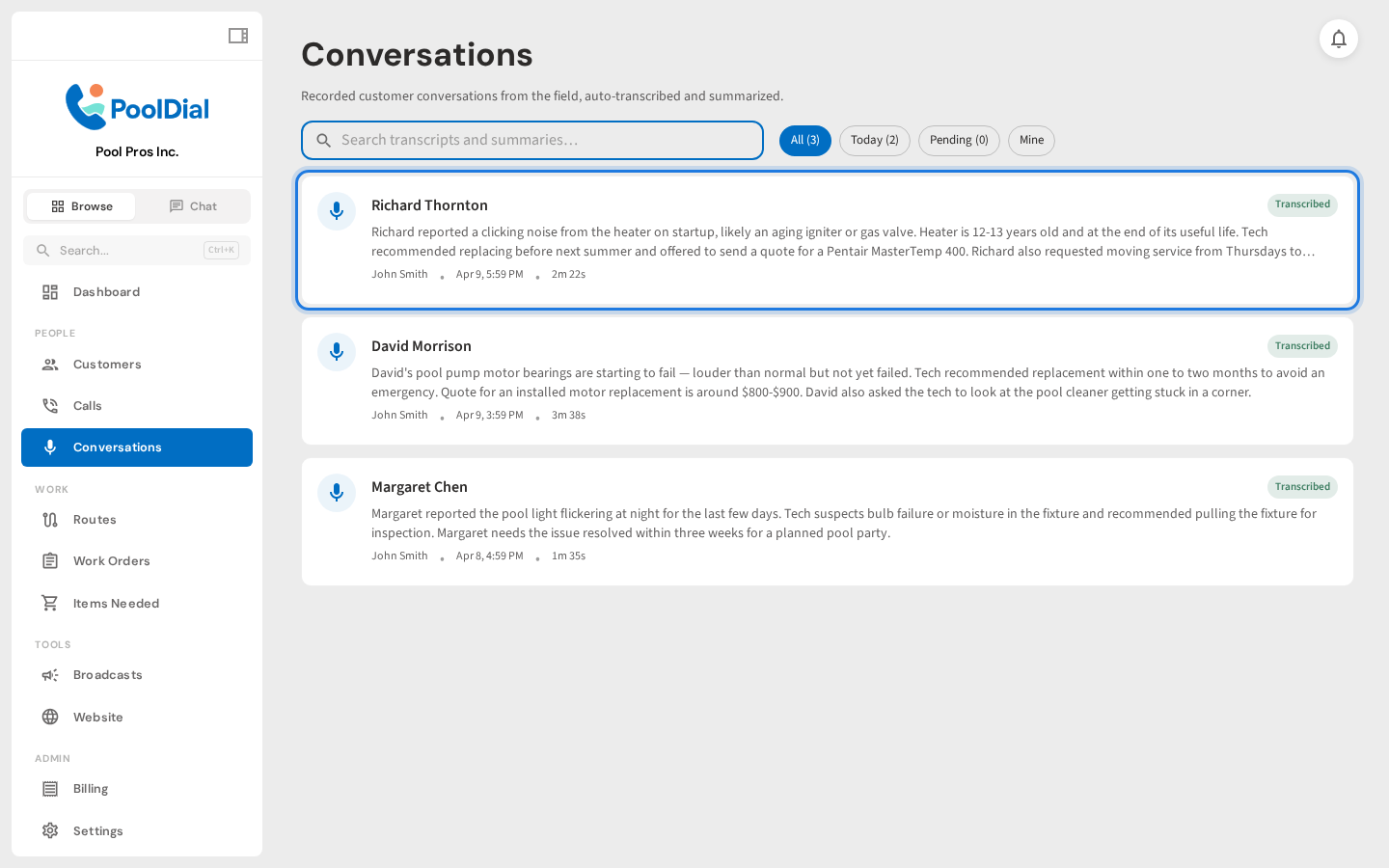 First conversation card highlighted