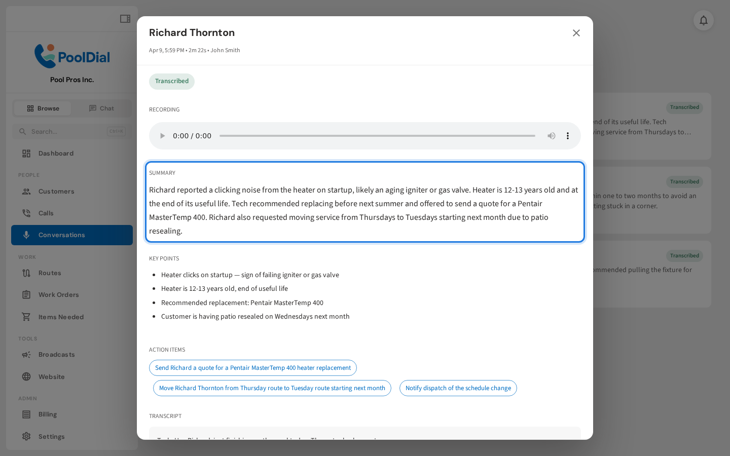 Detail dialog showing summary and audio player