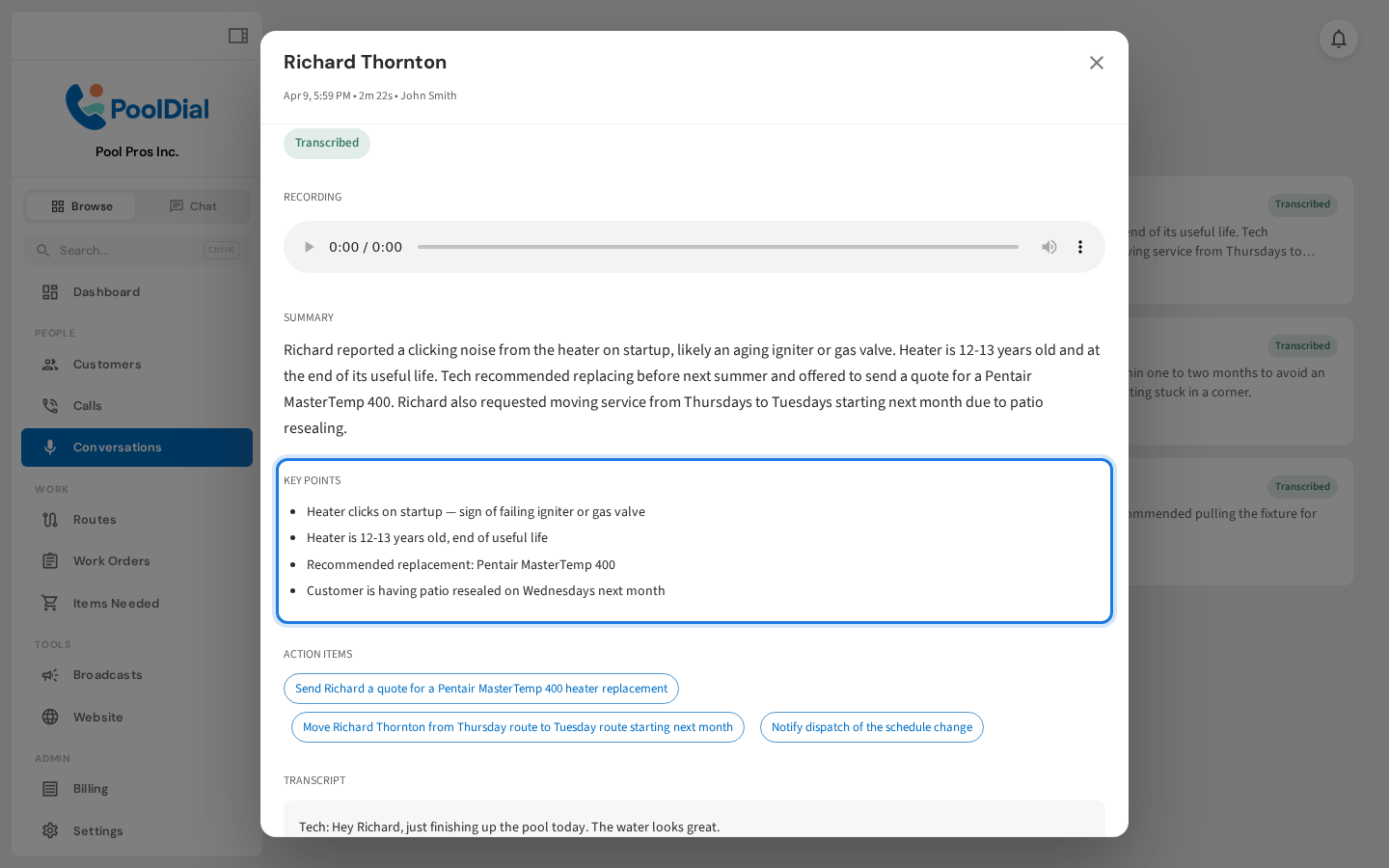 Detail dialog showing key points and action items