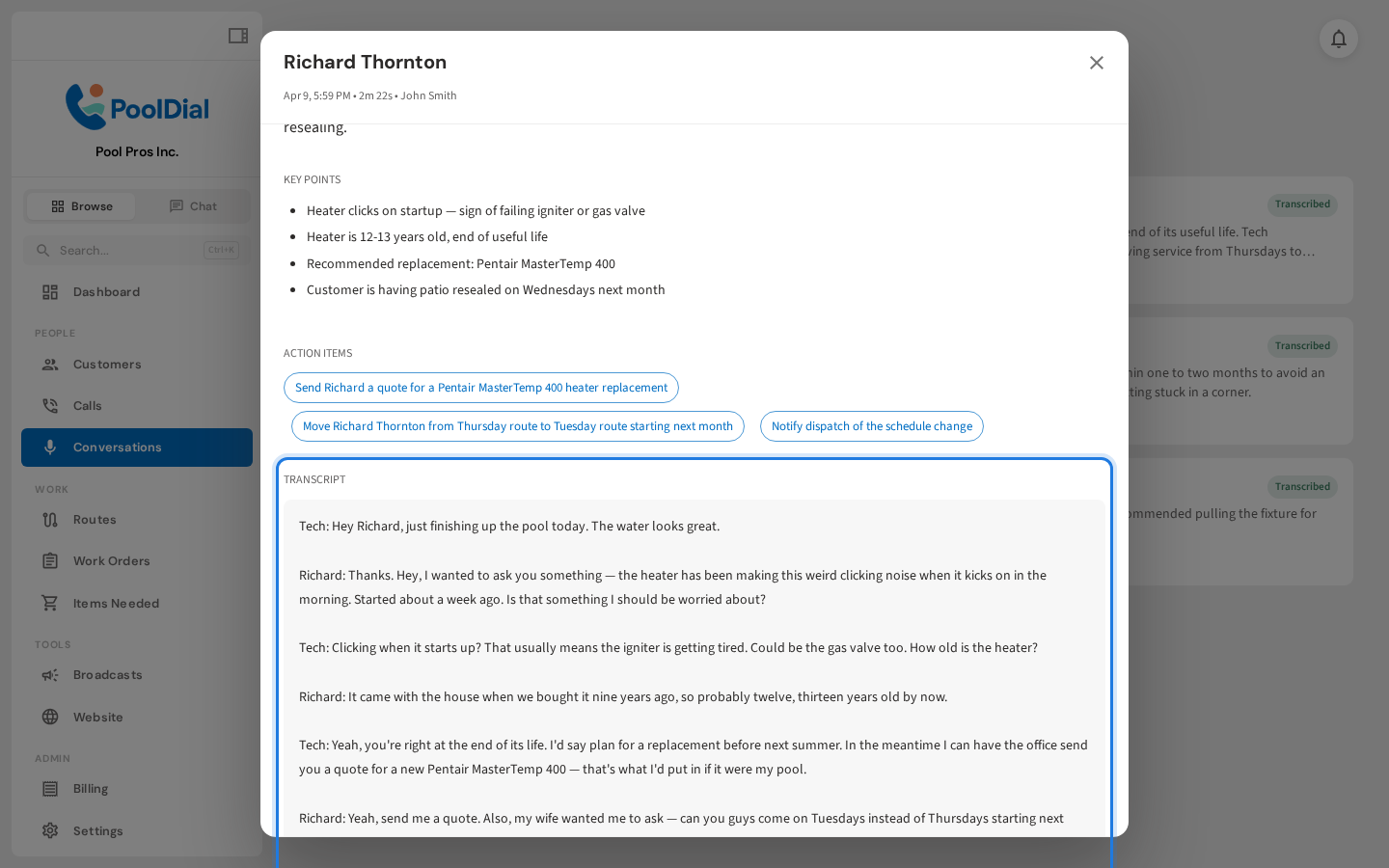 Detail dialog showing transcript and customer link