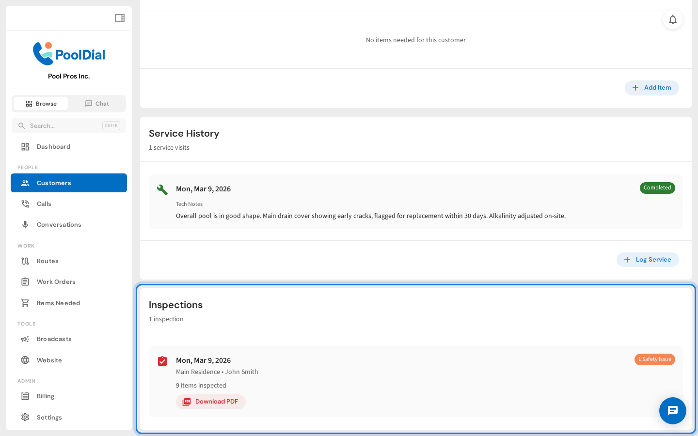 Scroll to the Inspections card on the customer detail page