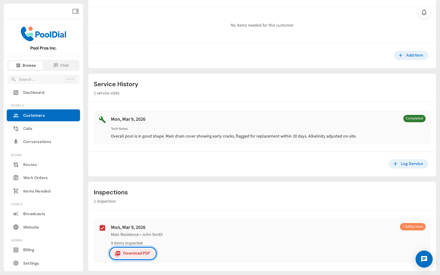 Click Download PDF to open the inspection report