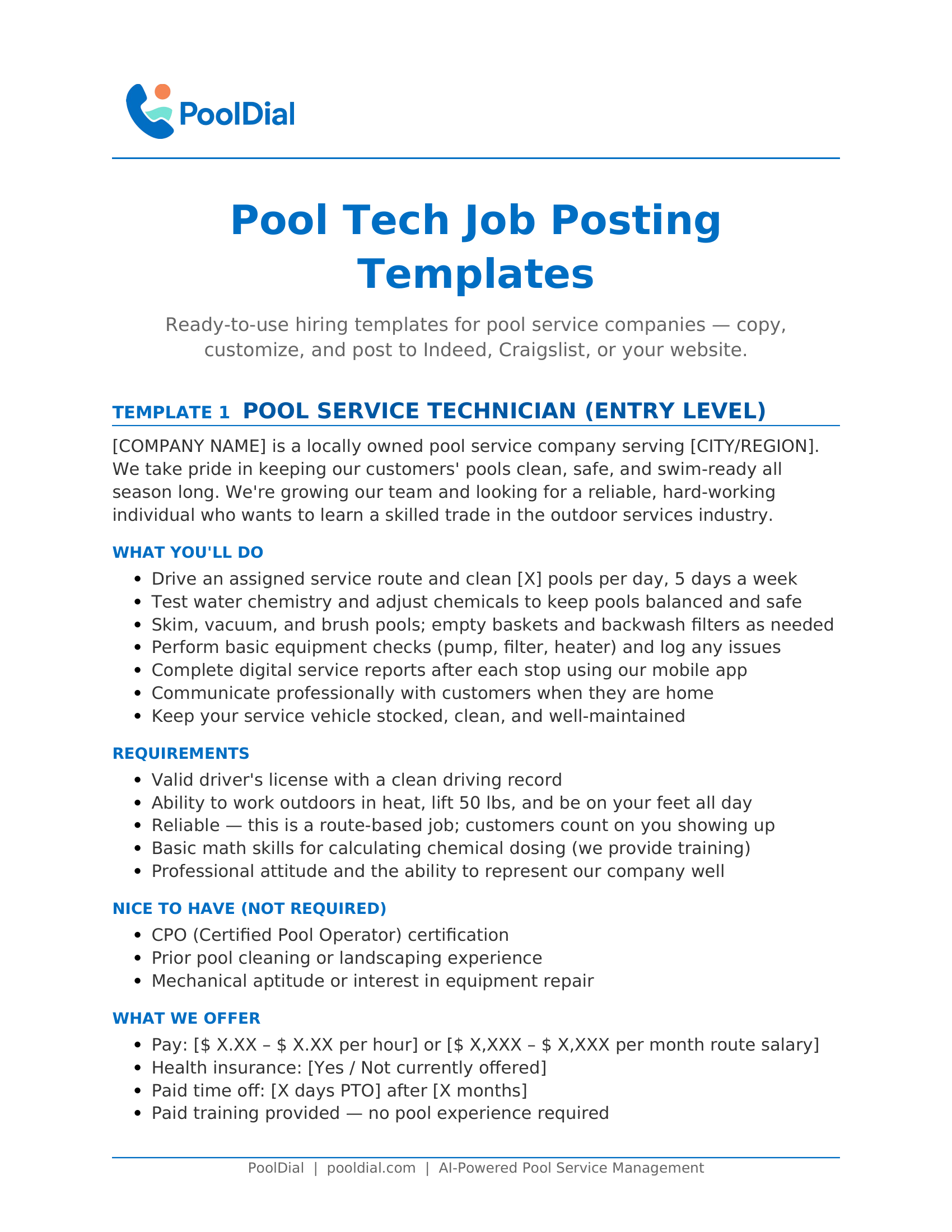 Pool Tech Job Posting Templates preview